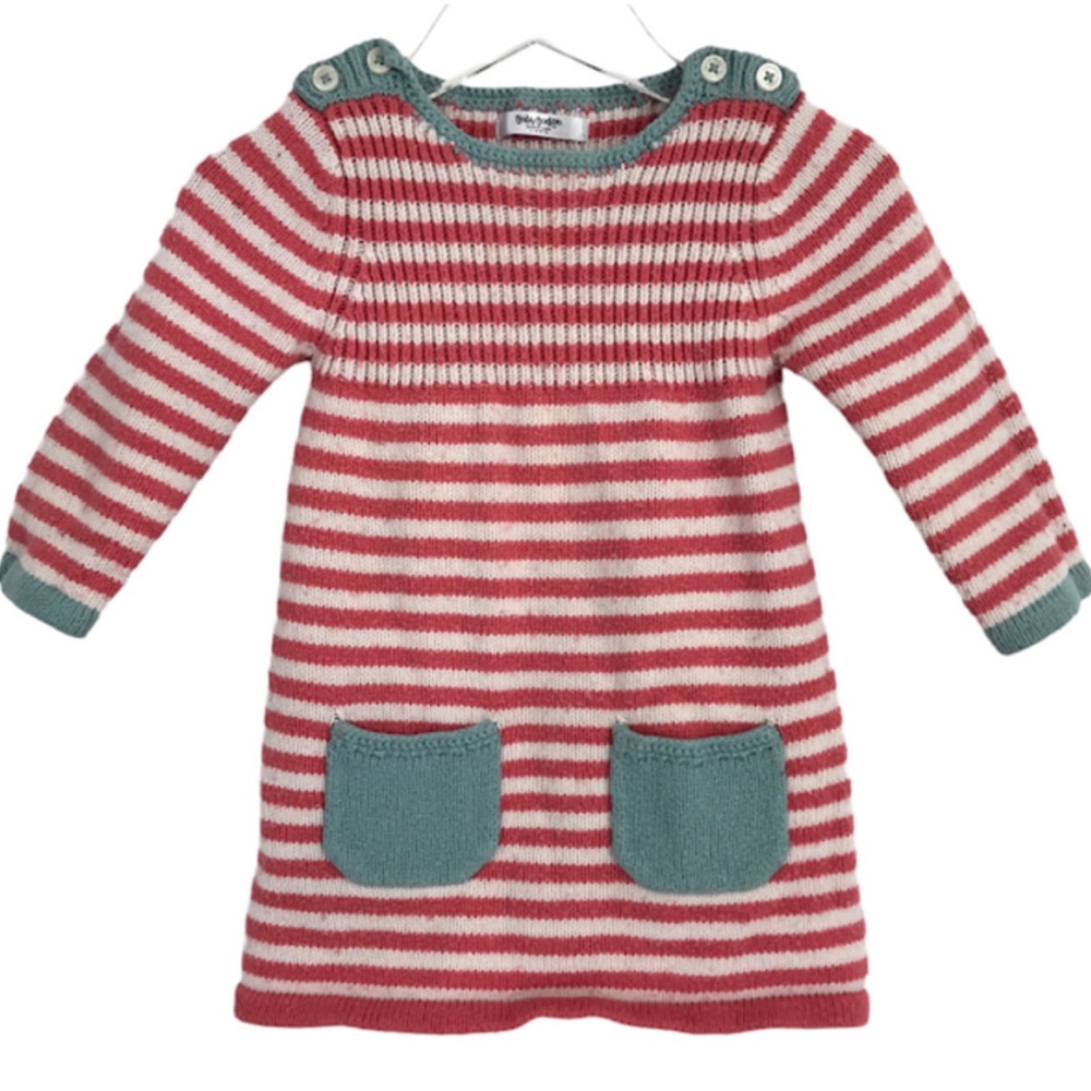 Mini Boden Stripey Knit Sweater Dress 12-18 Months Wool Blend Pockets Heart